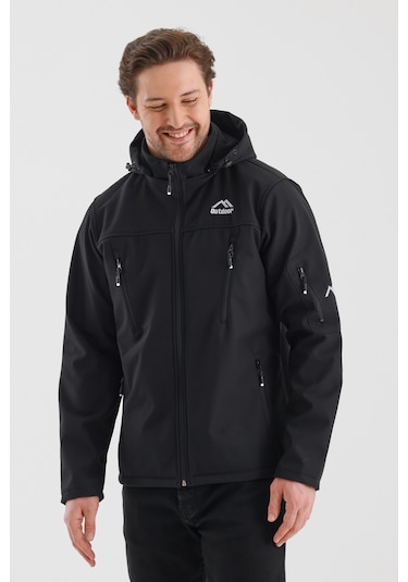 Çıkartılabilen Fermuarlı Kapüşon Cepli İçi Polarlı Su Geçirmez Softshell Erkek Mont Siyah Siyah