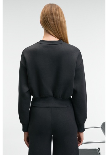 KARALIS Kadın Pamuklu Bisiklet Yaka Crop Antrasit Sweatshirt