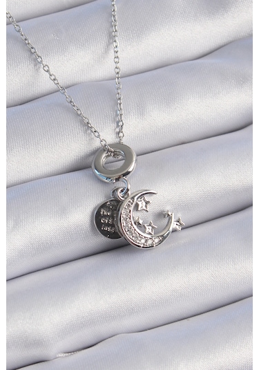 Gümüş Renk Zirkon Taşlı Ay Yıldız Figür Charm Model Kadın Kolye - Ebj241012w28468 Bakır