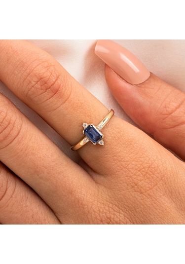 Gümüş Yüzük - Octagon Kesim Safir Taşlı 0.95 Karat Pırlanta Montorü Şık 925 Ayar Gümüş Yüzük Sarı