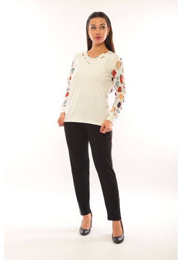 Sistas Kadın V Yaka Desenli Uzun Kol Bluz 3312 Ekru