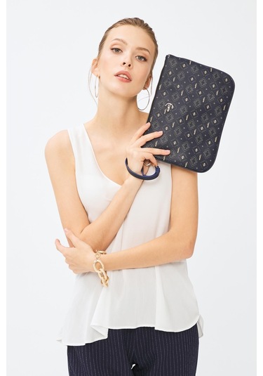 Deri Company Kadın Basic Clutch Çanta Monogram Desenli Lacivert 214002 Bej - Lacivert