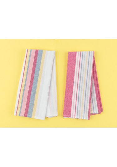 Madame Coco Jeanne 2'Li Yıkamalı Mutfak Havlu Seti - Beyaz / Pembe