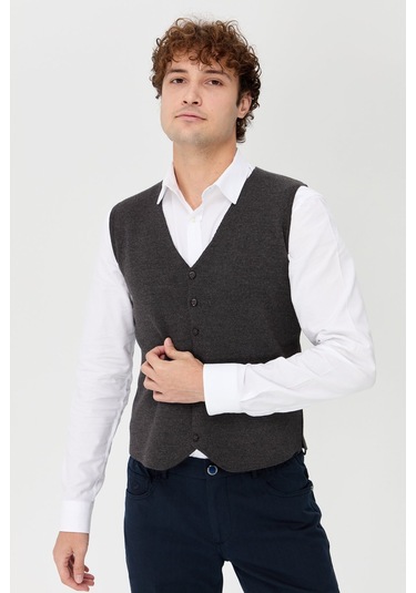 Erkek V Yaka İnce Triko Yelek O.füme O.füme