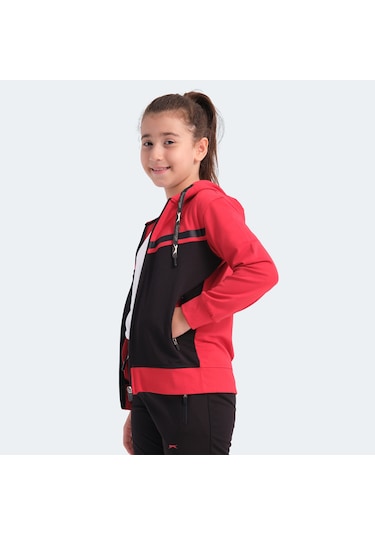 Slazenger NOON Çocuk Fermuarlı Kapüşonlu Cepli Siyah / Kırmızı Eşofman Takımı