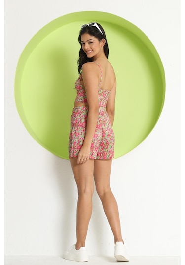 Polo State Kadın Pliseli Çiçek Desenli Crop Pembe