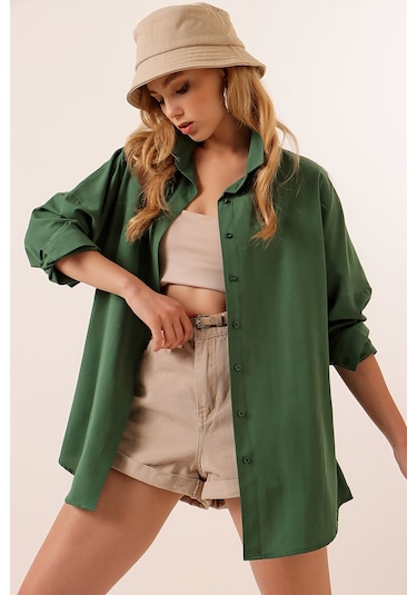 Bigdart 3900 Oversize Uzun Basic Kadın Gömlek Zümrüt Yeşili 001