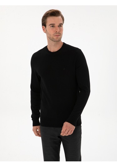 Cacharel Siyah Slim Fit Yün Karışımlı Bisiklet Yaka Triko Kazak