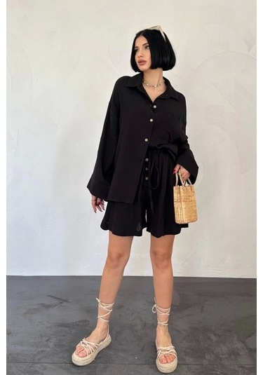 Siyah Gömlek Ve Müslin Şort Takım Siyah