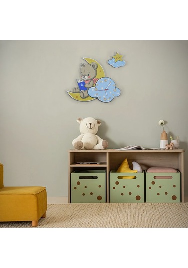 Sevimli Ay Ve Ayıcık Çocuk Odası Ahşap Duvar Saati Ahşap