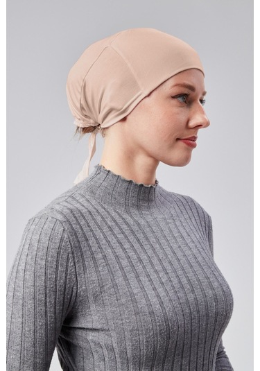 Kadın Tesettür Likralı Penye Dikişsiz Kaymaz Düz Bağlamalı Bone Bej