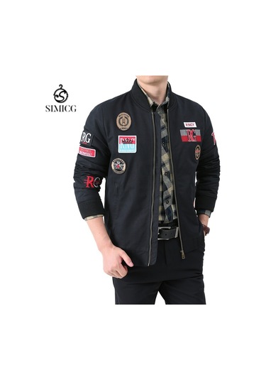 Erkek İlkbahar Ve Sonbahar Uzun Kollu İnce Beyzbol Yaka Baskılı Ceket Siyah