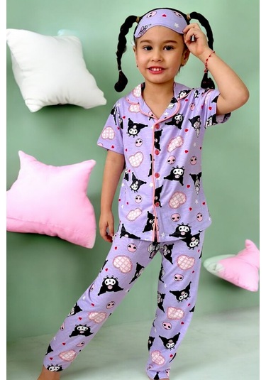 Kız Çocuk Kedi Desenli Lila Mor Renk Kısa Kollu Pijama Takımı Lila