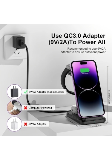 Elmpaly Black 3ü 1 Arada Hızlı Kablosuz Şarj İstasyonu İphone Uyumlu 16/15/14/13/12 İwatch 10/9/8 Airpods 1/2/3/pro