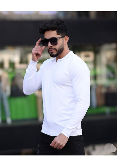 Classics Men Gewer Polo Yaka Uzun Kol Erkek Örme Triko-7152 Beyaz
