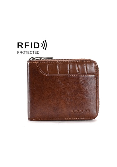 Sones Rfıd Hırsızlığa Karşı Korumalı Erkek Cüzdanı Çok İşlevli Kısa Fermuarlı Çanta Kahverengi