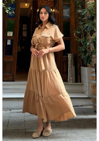 Camel Pliseli Cepli Maxi Kupra Elbise Taş