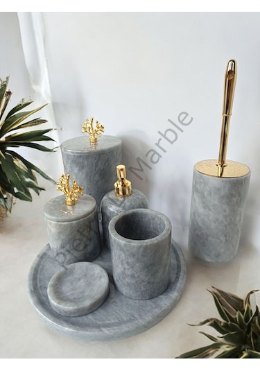 Gri Mermer Klasik Model 7 Parça Gold Renk Mercan Aksesuarlı Banyo Seti Gri