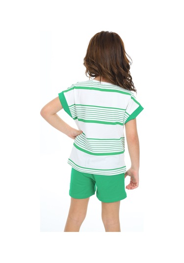 Toontoy Kız Çocuk Çizgili Kalp Nakışlı Şortlu Takım Çimen Yeşili