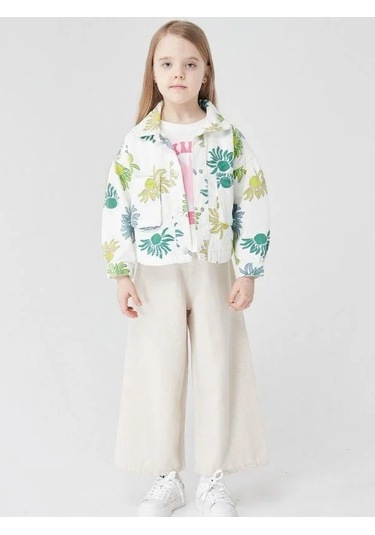 Kız Çocuk Çiçek Desenli Ceket-14029 Yeşil