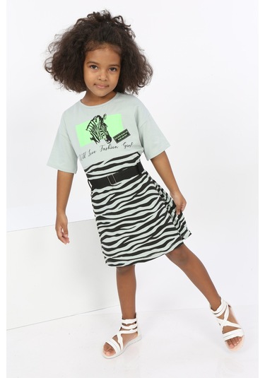 Toontoy Kız Çocuk Zebra Baskılı Elbise Yeşil