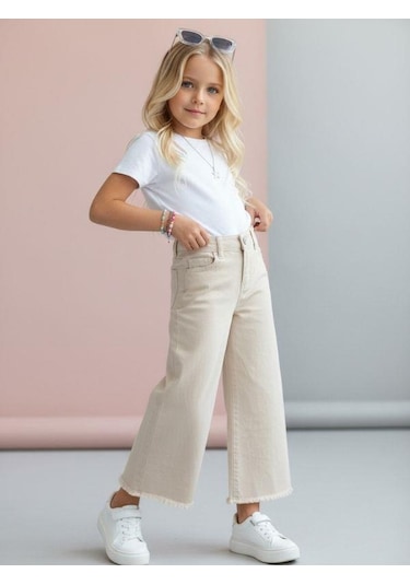 Zekids Kız Çocuk Pamuklu Paçaları Püsküllü Pantolon-16677 Bej