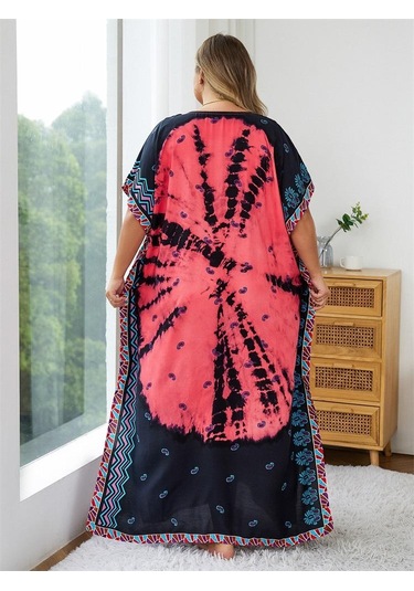 Edolynsa Karpuz Kırmızısı Baskılı Bohem Kaftan Kadın Bornoz Plaj Elbisesi Rahat Çok Yönlü Taze Elbise Mayo Örtüsü Q1464 Çok Renkli