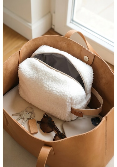 Fluffy Fermuarlı Organizer Çanta Xl Bej