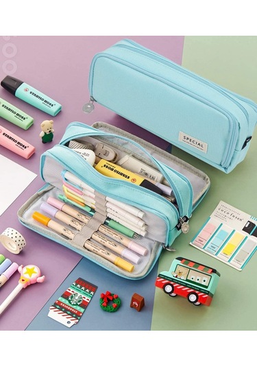 Büyük Kapasiteli Kalem Kutusu, 3 Bölmeli Kalem Kutusu, Kalem Saklama Çantası, Okul İçin, Kadınlar, Erkekler, Kız Ve Erkek Çocuklar İçin Açık Mavi Th