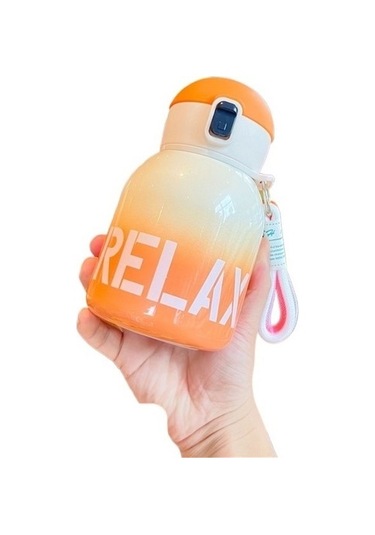 Degrade Renk Büyük Göbek Çocuk Termos Bardağı Beraberindeki Su Bardağı Feyn1e Beyaz - Turuncu