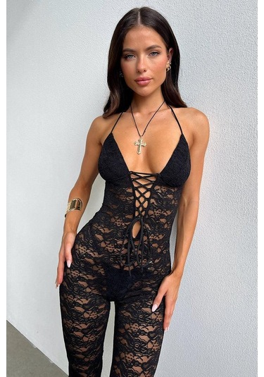 Lace Jumpsuit With Skinny Flared Legs Black Siyah
