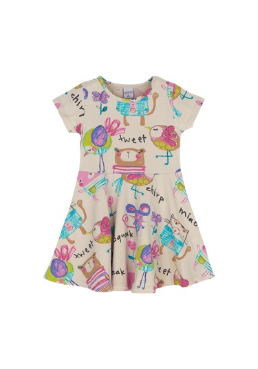 Lovetti Kız Çocuk Chirping Animals Desen Kısa Kol Kloşe Etek Elbise 5910-39B007 Bej
