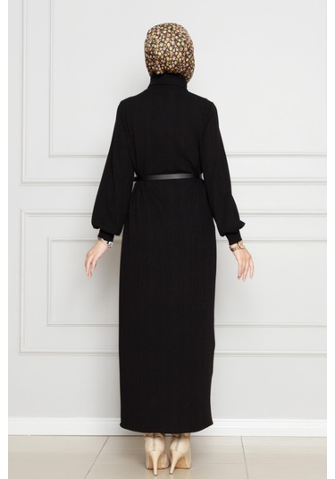 Balıkçı Yaka Kemerli Elbise-siyah-4552 Siyah