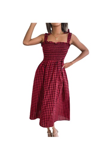 Gmxıa İlkbahar Yaz Rahat Bağcıklı Renk Kontrast Ekose Orta Boy Elbise Kadınlar İçin Kırmızı