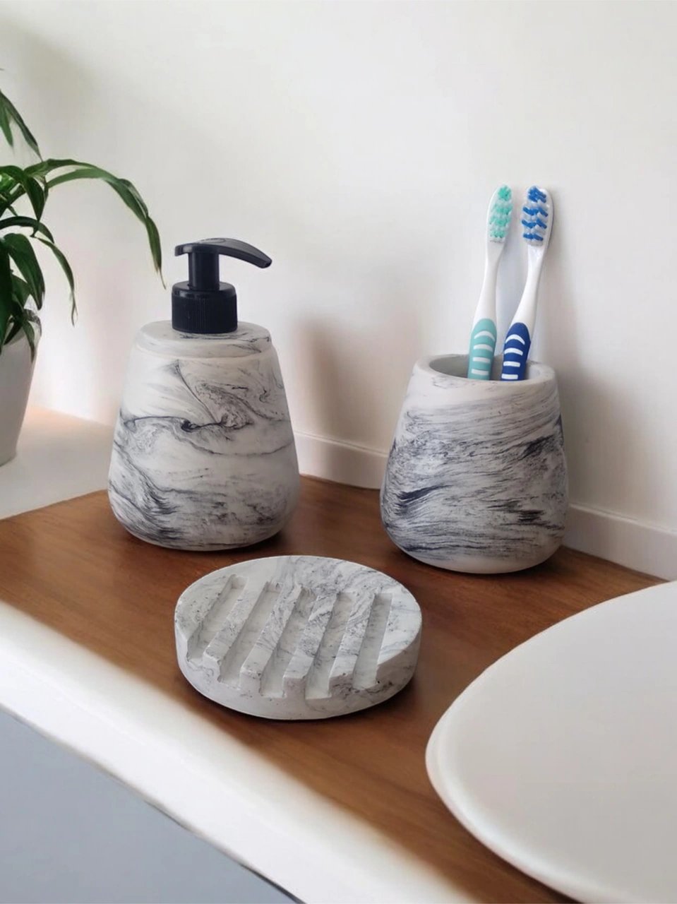 Mermer Desenli Gri Banyo Seti Gri