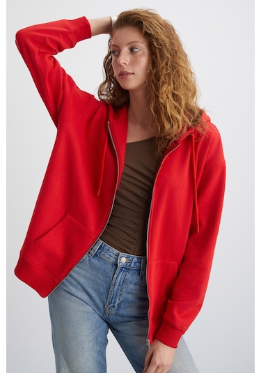 Alena Kadın Oversize Organik Pamuklu Metal Fermuarlı Kapüşonlu İçi Polarlı Kırmızı Sweatshirt