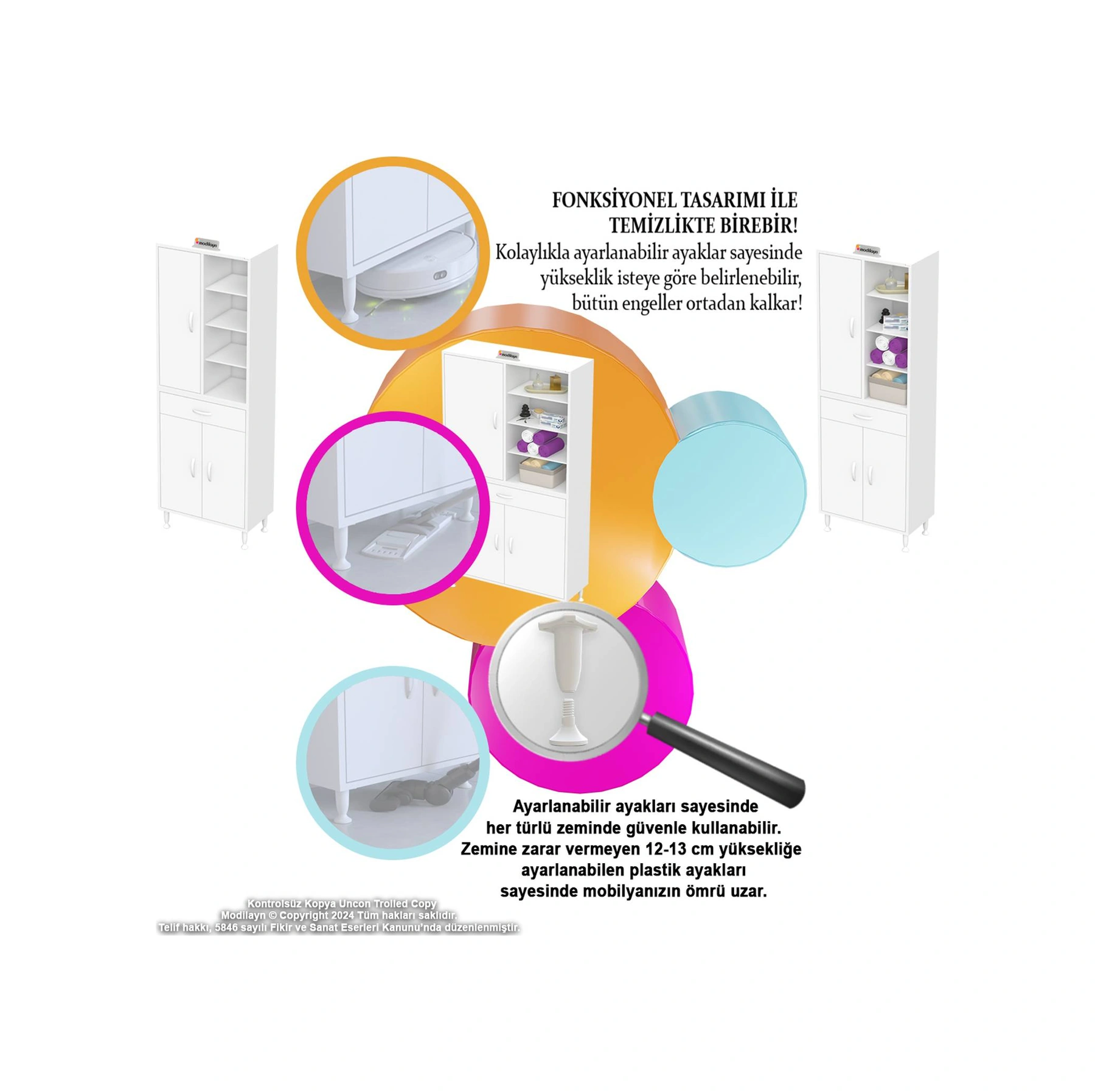 Kayra Banyo Ve Mutfak Dolabı Çok Amaçlı Dolap Tek Çekmece 3 Kapak 7 Raf 10 Bölme 65x173x32,5 Cm Beyaz