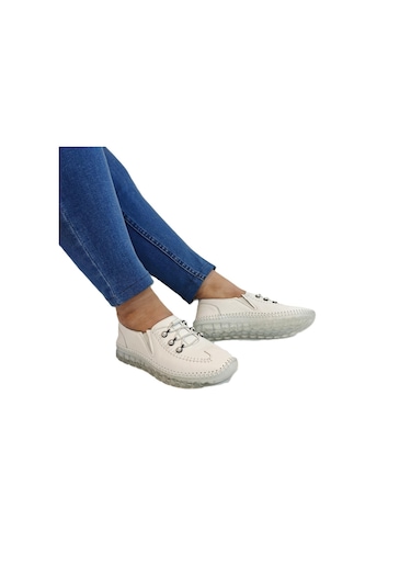 Voyager 9871 Beyaz Hakiki Deri Boncuklu Bayan Ayakkabı Beyaz