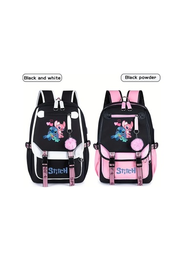Honeybeeshop Disney Stitch Siyah 2 Büyük Kapasiteli Sırt Çantası Pembe Ve Siyah Tasarım Stitch Lilo İllüstrasyonlu Hafif Polyester Seyahat Çantası Siyah 2