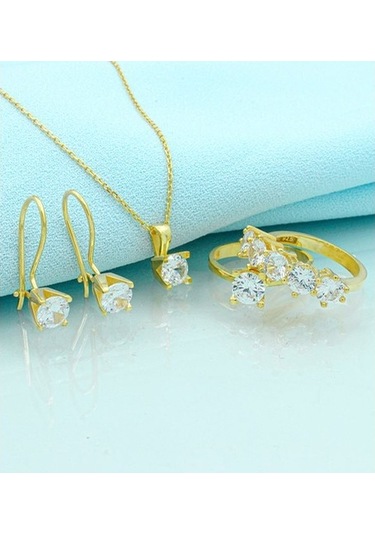 Pırlanta Montür V Tırnak Gümüş Tek Taş Takı Seti (518666610)