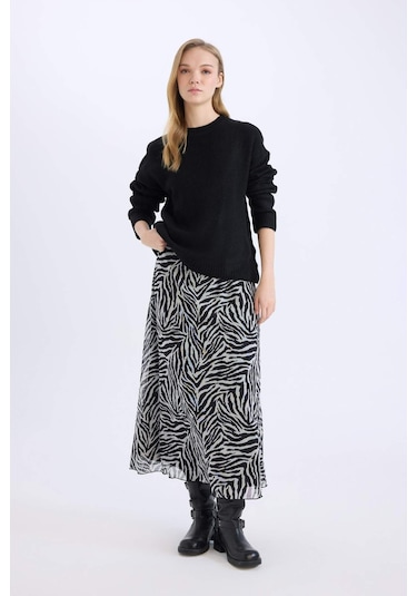 DeFacto Flare Fit Zebra Desenli Yüksek Bel Tül Maxi Etek E3974AX25SPBK81 Siyah