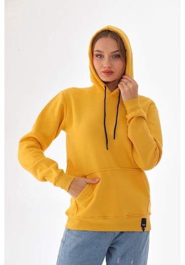 Everest Everst Kapüşonlu 3 İplik Şardonlu Kanguru Cepli Sweatshirt Sarı