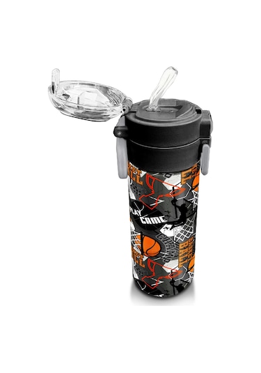 Coral High Kids Siyah Gri Basketbol Desenli Pipetli Ve Direkt İçim Çelik Termos 500 Ml 31975 Gri - Siyah