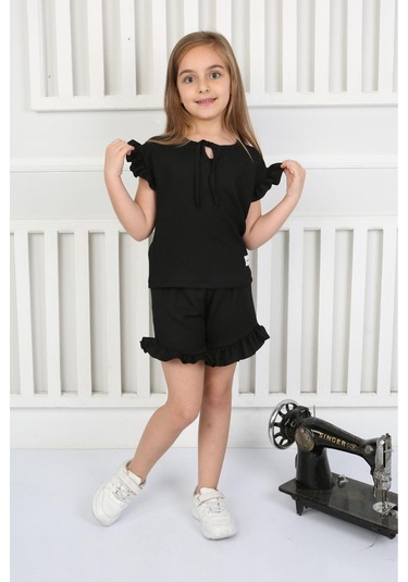 Fırfır Detaylı Şortlu Yazlık Kız Çocuk Takım Siyah
