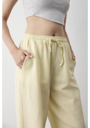 Sarı Beli Lastikli Pamuklu Keten Pantolon Sarı