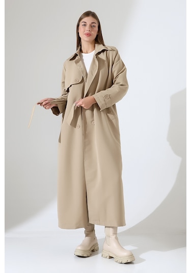 Amazon Keten Kumaş Uzun Boy Düğmeli Astarlı Yumuşak Dokulu Trenç Kot Taş Taş