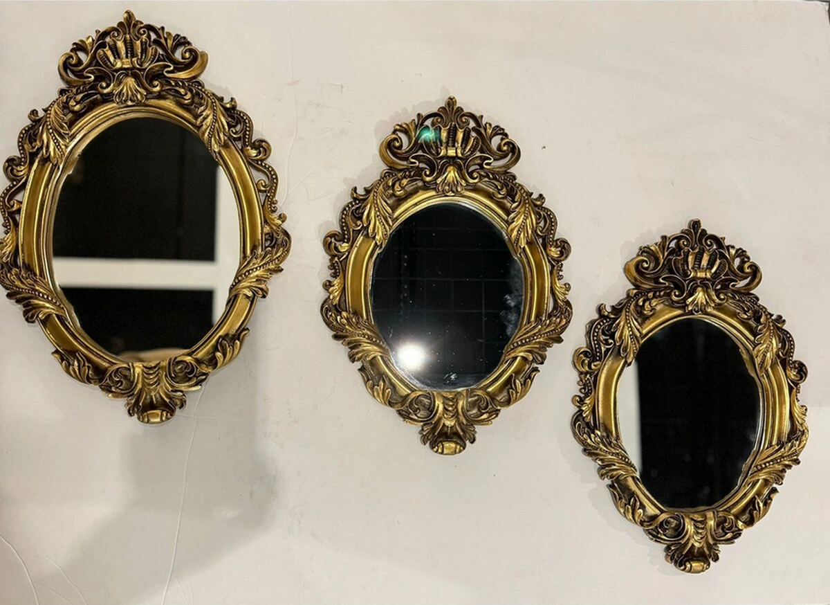 Dekoratif Polyester Üçlü Yaprak Ayna Takımı Gold Eskitme