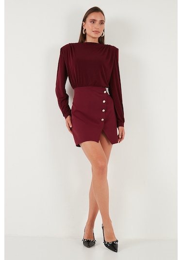 Lela Vatkalı Regular Fit Yırtmaç Detaylı Dik Yaka Mini Boy Bayan Elbise 611El751 Bordo