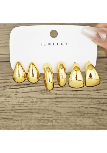 6 Adet Tıknaz Altın Kaplama Su Damlası Hoop Küpe Seti Kadınlar Için Avrupa Ve Aya5809801 1.50 CM-Gümüş