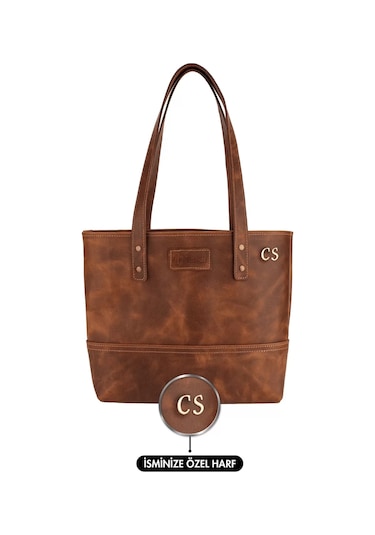 Twingold İsme Özel Tote Bag El Omuz Çantası - %100 Rainbow Deri - Ac03003 - Kahverengi Kahverengi